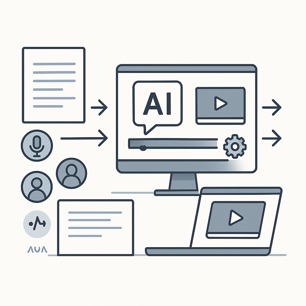 Flat vector illustration of an AI video generator workspace showing documents transforming into videos, with subtle icons for AI voice, avatars, and automation on a clean white background.