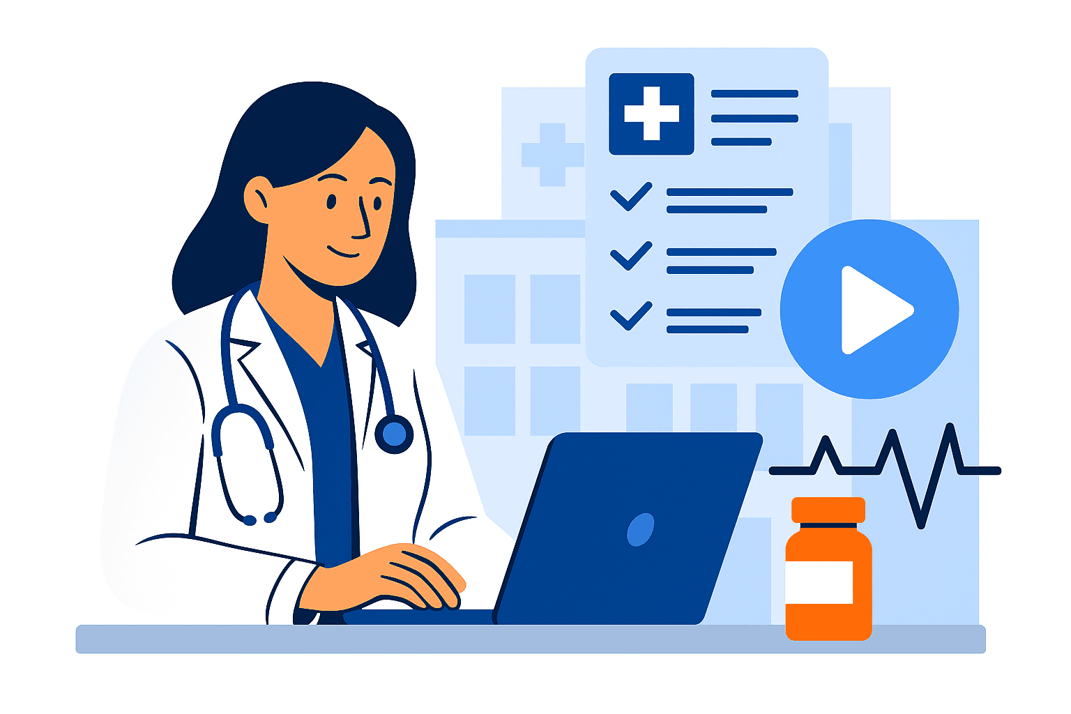 Female doctor using a laptop to create educational content — ideal for video marketing for healthcare and healthcare video marketing strategies to boost patient engagement.