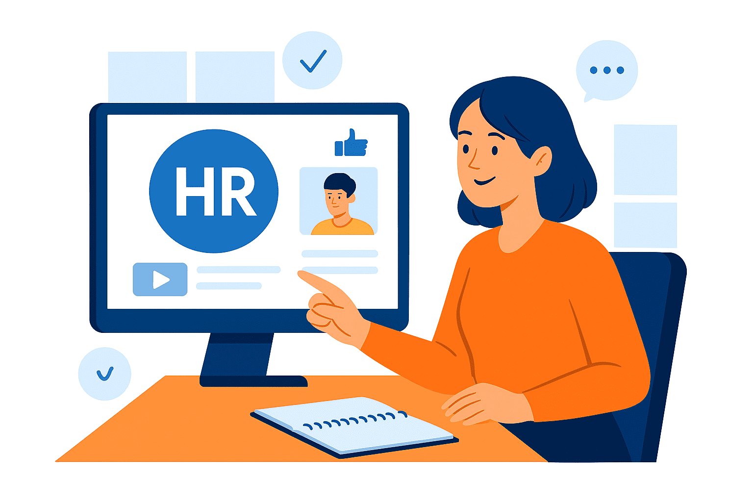 HR professional watching candidate video profile on computer- ideal for HR videos, onboarding videos, and employee training videos in HR content marketing strategies.