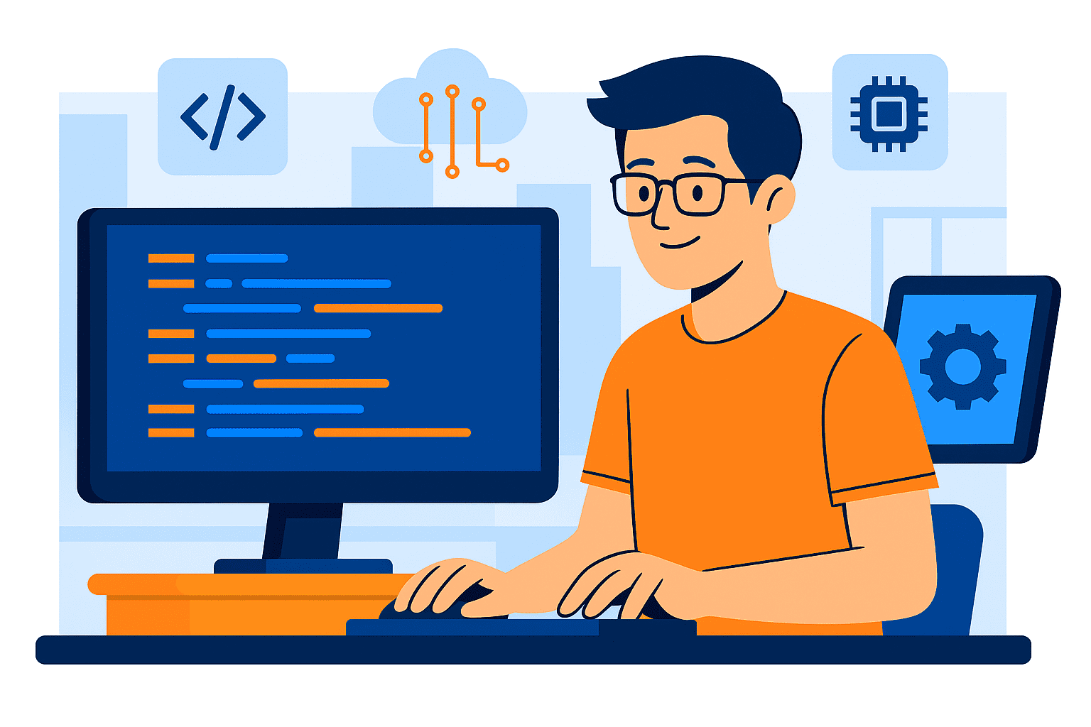 Illustration of a developer creating a technology video using automated video creation tools, with coding and tech icons in the background.