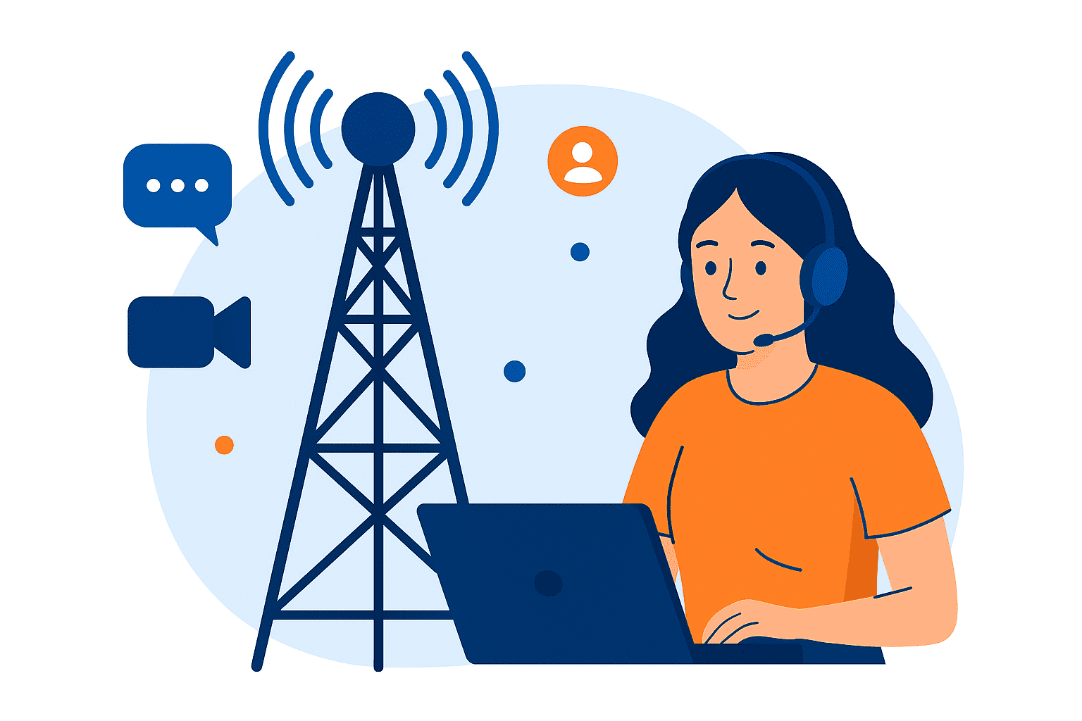 Female telecom agent with headset using laptop next to signal tower — ideal visual for telecom marketing strategy and telecommunications marketing campaigns.